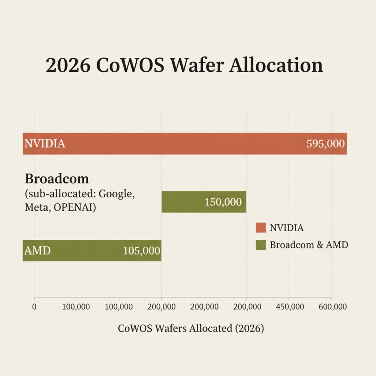 Nvidia commands ~60% of 2026 CoWoS allocation (595k wafers), leaving competitors and downstream cloud teams competing for the remainder.