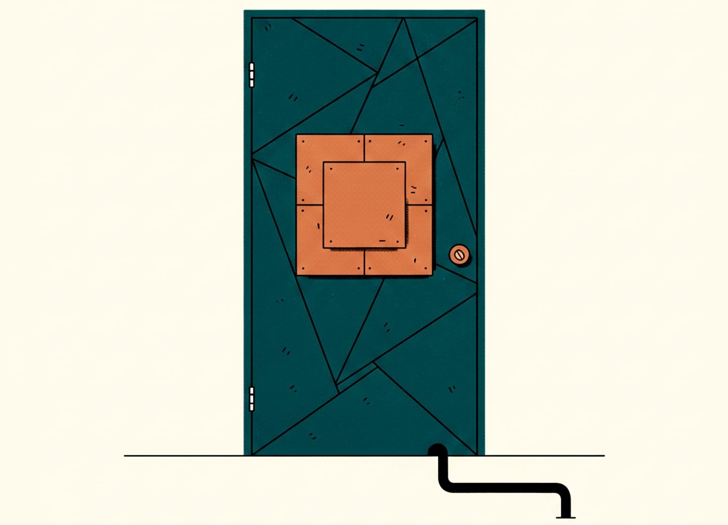 A sealed door with a pipe still running beneath it