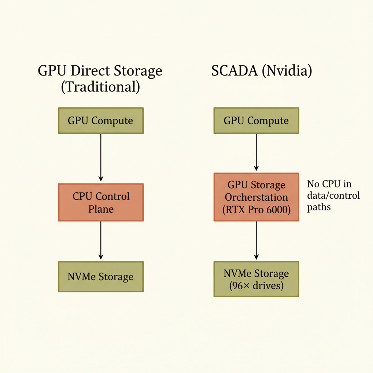 SCADA removes the CPU from both data and control paths, letting GPUs directly initiate storage operations—unlike traditional GPU Direct Storage where the CPU still owns the control plane.