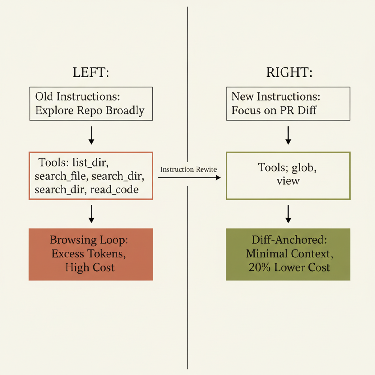 Old instructions prompted broad repo exploration, accumulating excess tokens; new instructions anchor the agent to the PR diff.