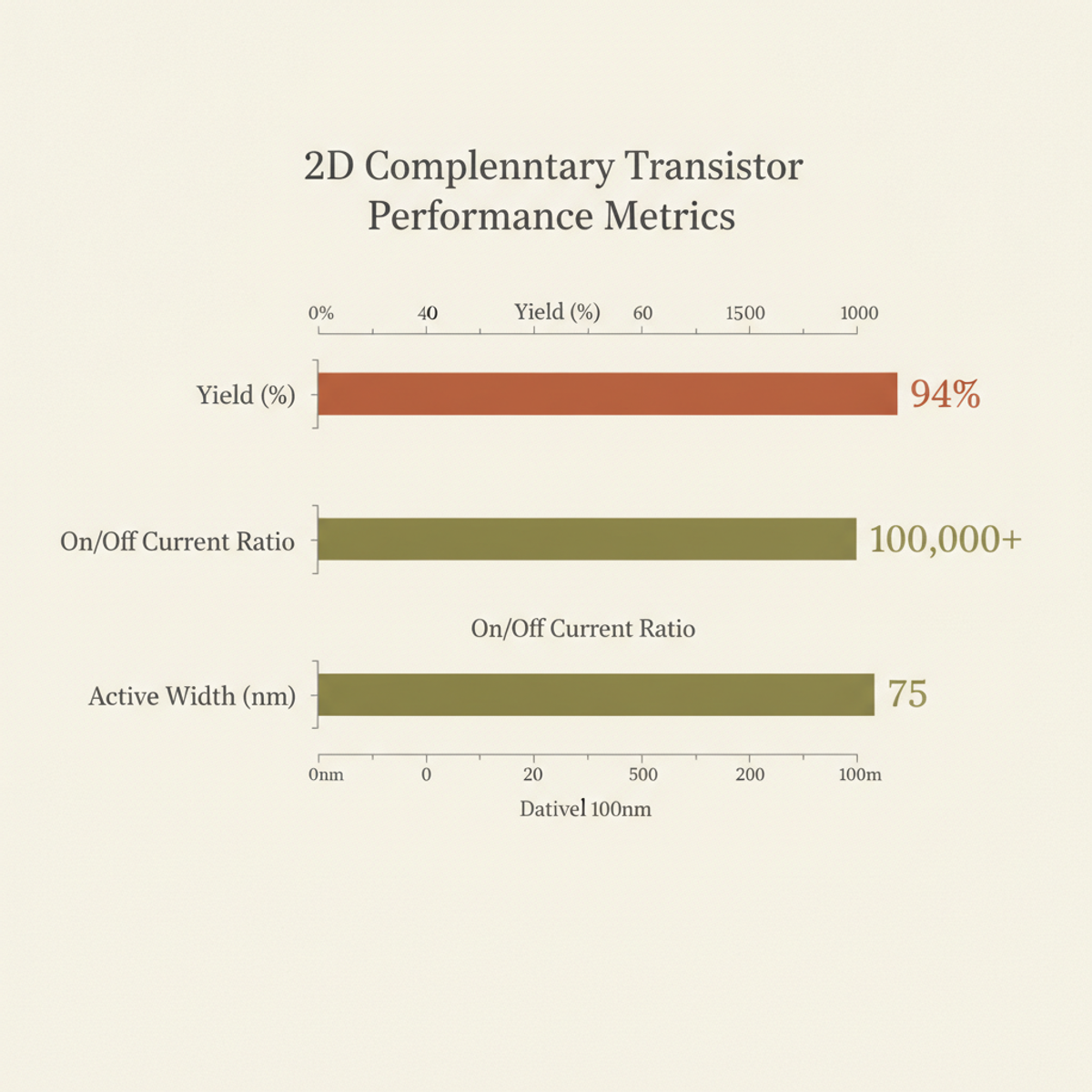 Demonstrated device performance: 94% yield, on/off ratio >100,000, active width down to 75nm.