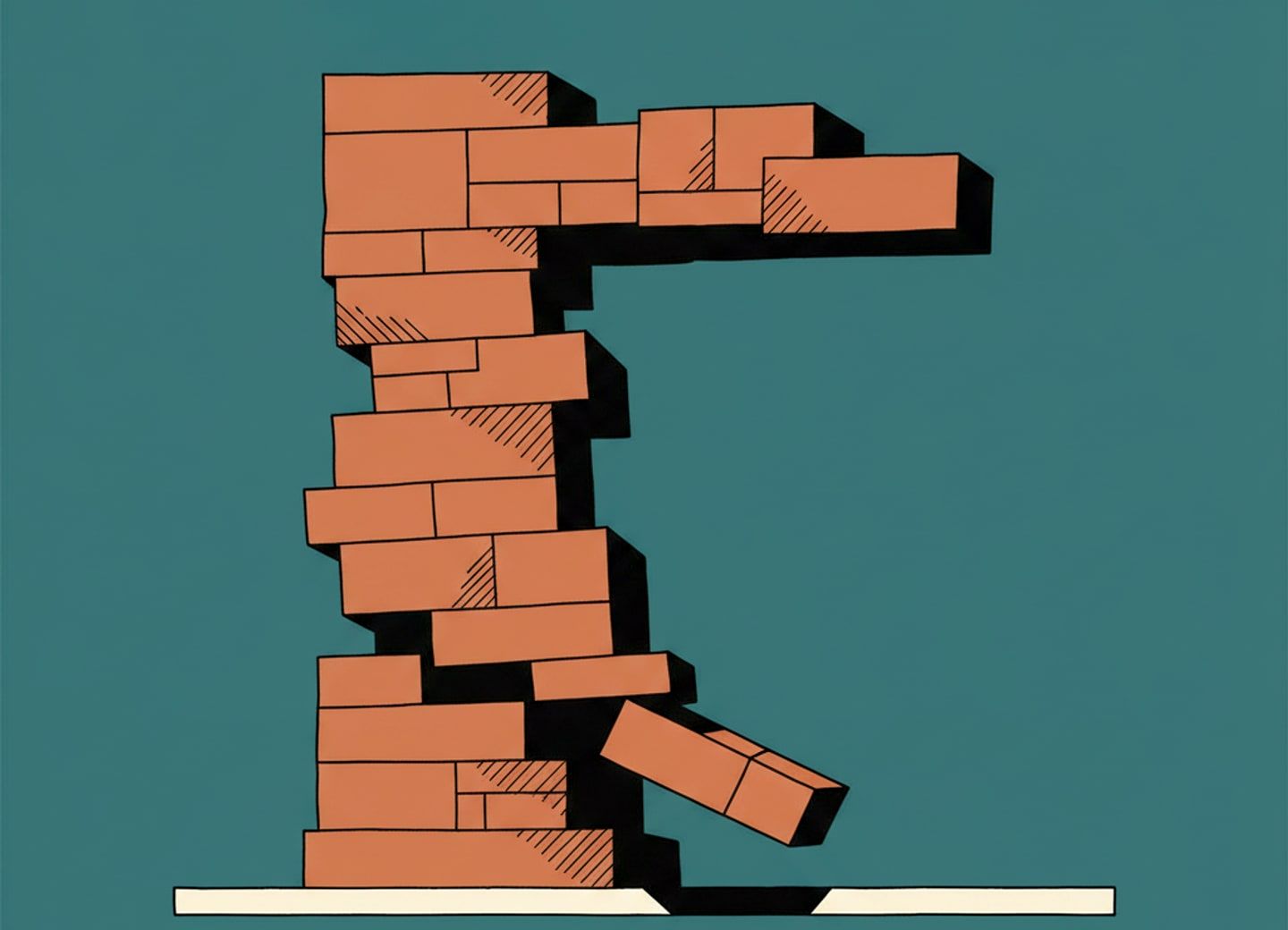 A towering block overhangs a tilting platform's edge