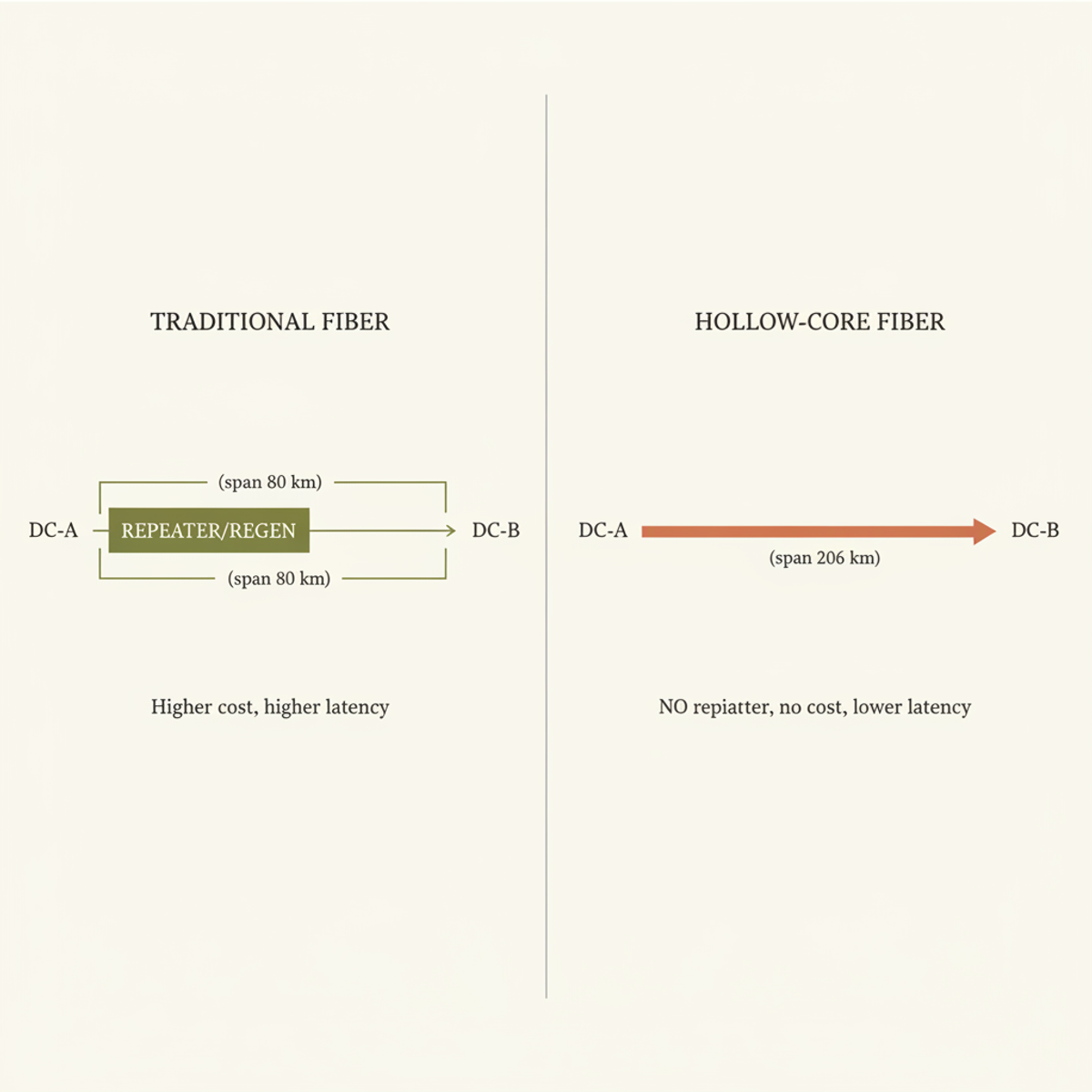 The repeater tax: traditional fiber requires regeneration at ~80 km intervals; hollow-core fiber enables unrepeatered links over 200+ km.