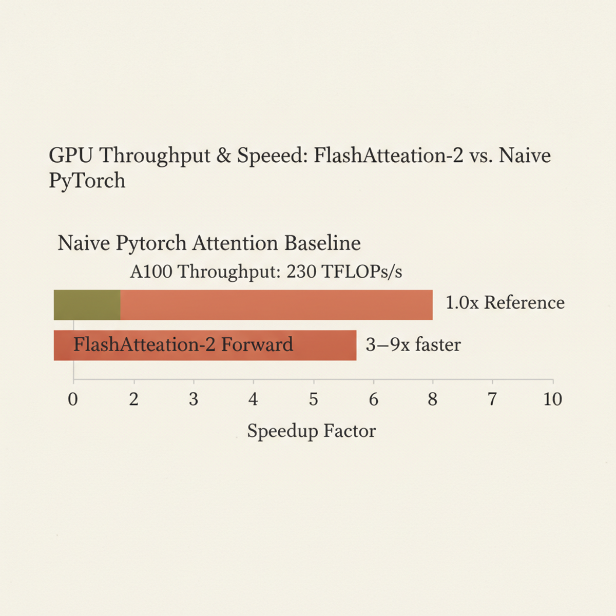 FlashAttention-2 throughput gains on NVIDIA A100: 3–9× faster than naive PyTorch attention, reaching 230 TFLOPs/s.