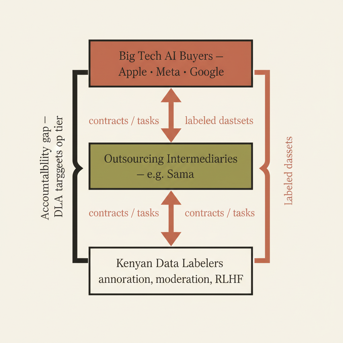 AI data labeling supply chain: Kenyan workers sit two tiers below the Big Tech companies that ultimately benefit from their labor — the structural gap the DLA is trying to close.