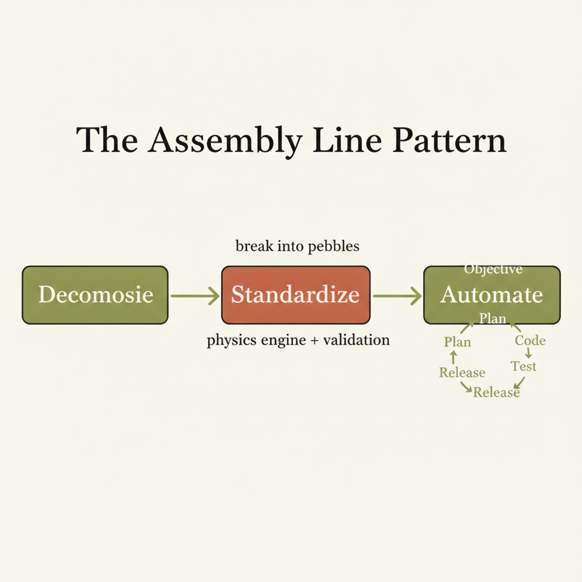 The Assembly Line Pattern breaks legacy migrations into three stages: decompose the system into independent tasks, standardize validation, then automate agent execution loops.