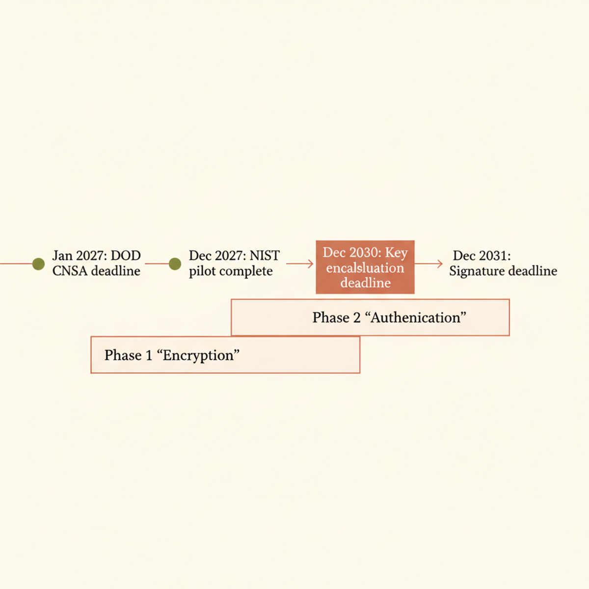 PQC migration timeline: Phase 1 (encryption, deadline Dec 2030) and Phase 2 (signatures, deadline Dec 2031) run in parallel per EO 14409.