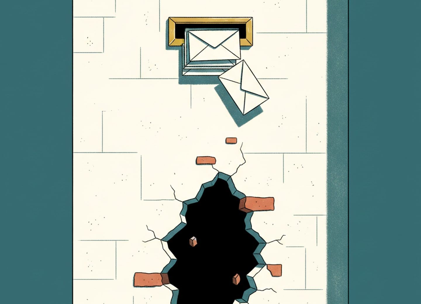 A breached gate below, a delayed envelope finally sliding free above