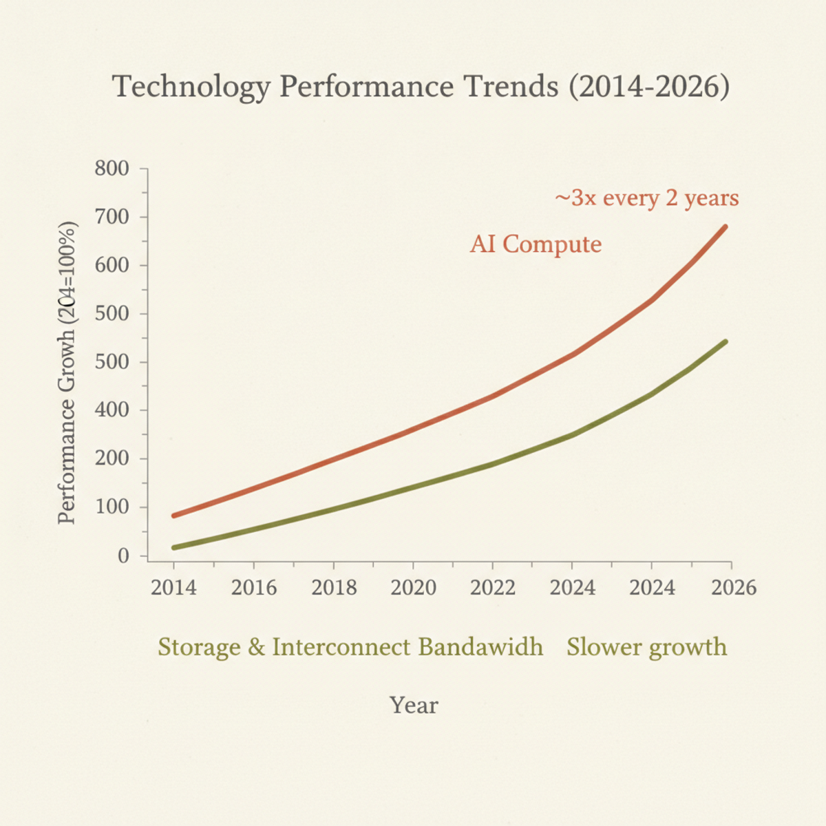 AI compute performance has tripled roughly every two years while storage bandwidth growth remains modest, widening the bottleneck.