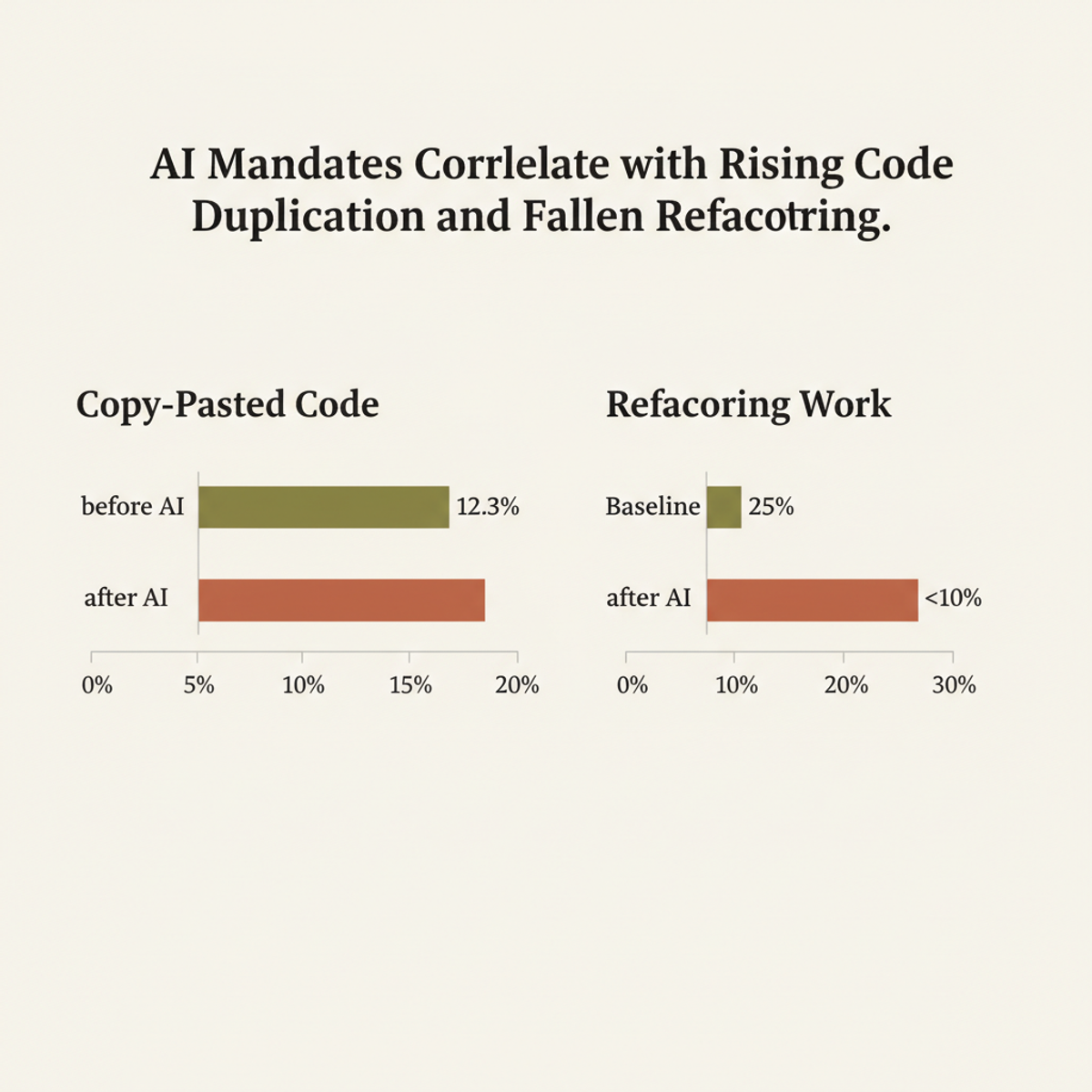 Copy-pasted code rose from 8.3% to 12.3%; refactoring work fell from 25% to under 10% of all changes.