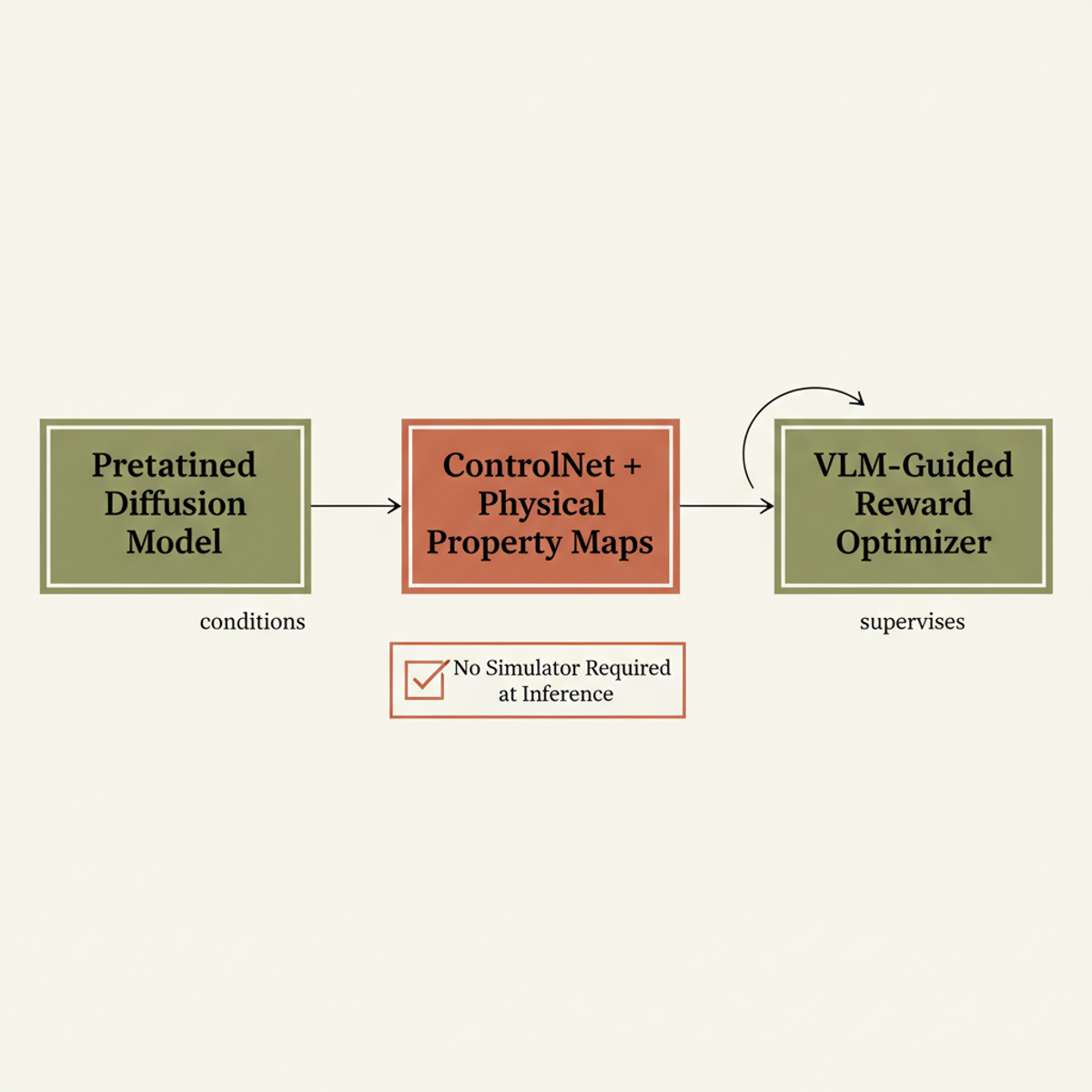 PhyCo combines a pretrained diffusion backbone with ControlNet conditioning and VLM-guided reward optimization to enforce physics at inference time without simulators.