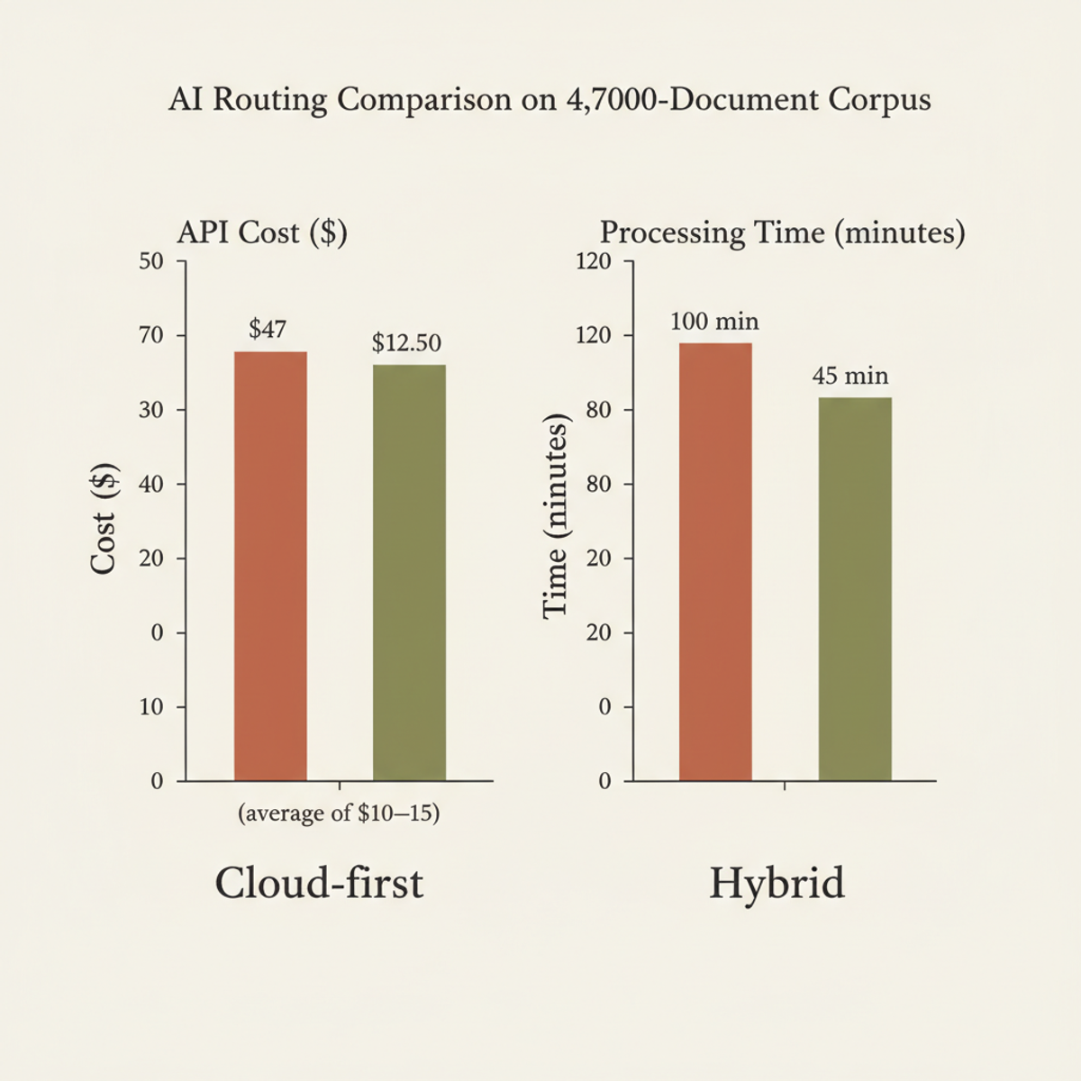 Hybrid routing delivers 75% cost savings and 55% faster processing vs. cloud-first on production workload.