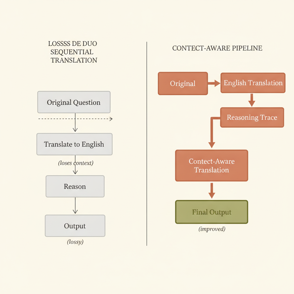 Standard cascade discards context at each stage; context-aware approach preserves the original question alongside English translation and reasoning trace.
