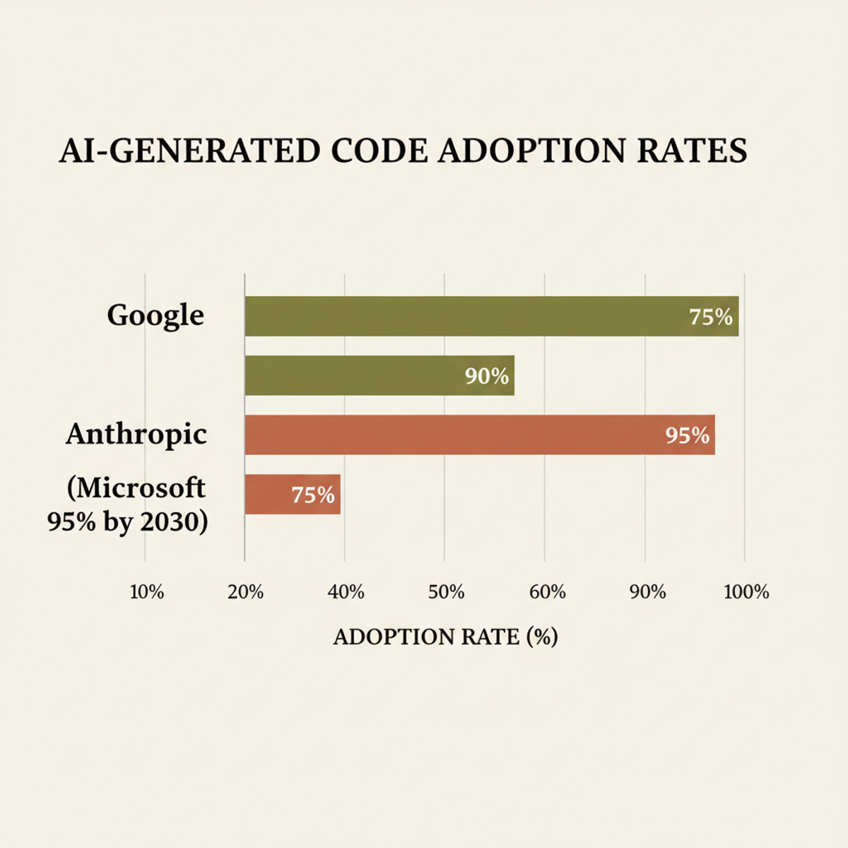 AI-generated code now accounts for 75–95% of new code at leading tech companies.