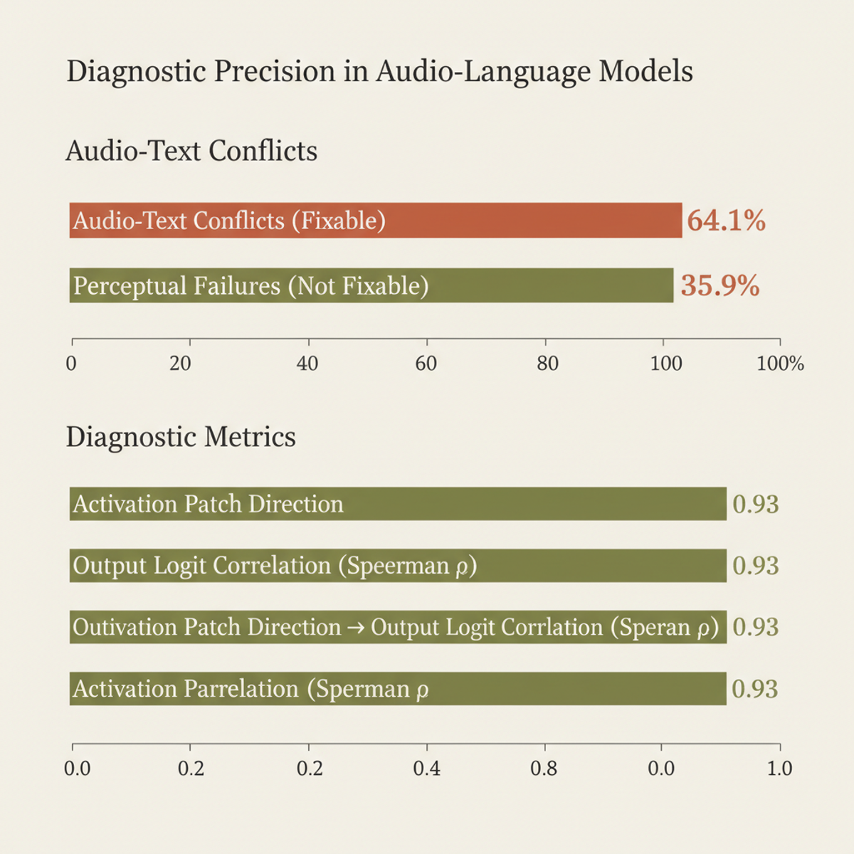Audio-language models show 64.1% fixable arbitration failures (text overriding correct audio) via activation patching diagnosis (ρ=0.93).