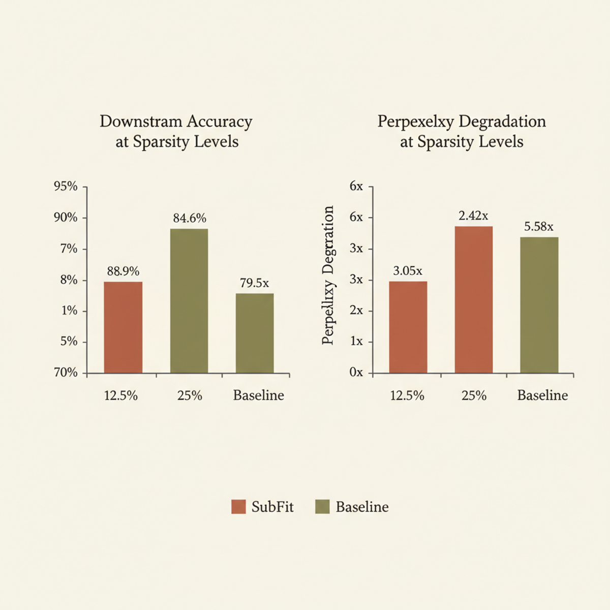 SubFit vs. strongest baseline: accuracy and perplexity across sparsity levels. SubFit maintains higher accuracy while degrading perplexity less than the baseline.