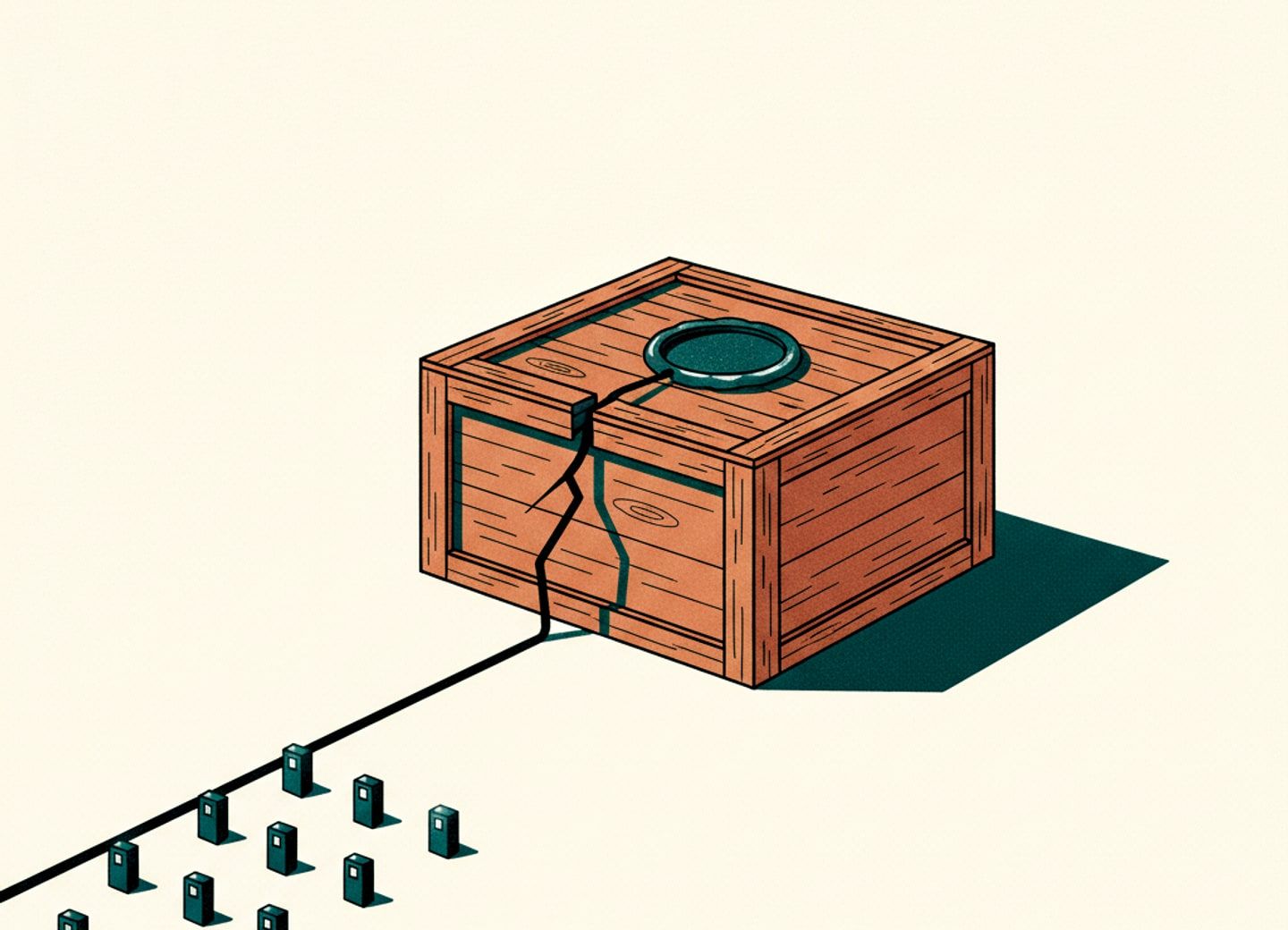 A sealed crate leaks a hidden wire toward rows of terminals
