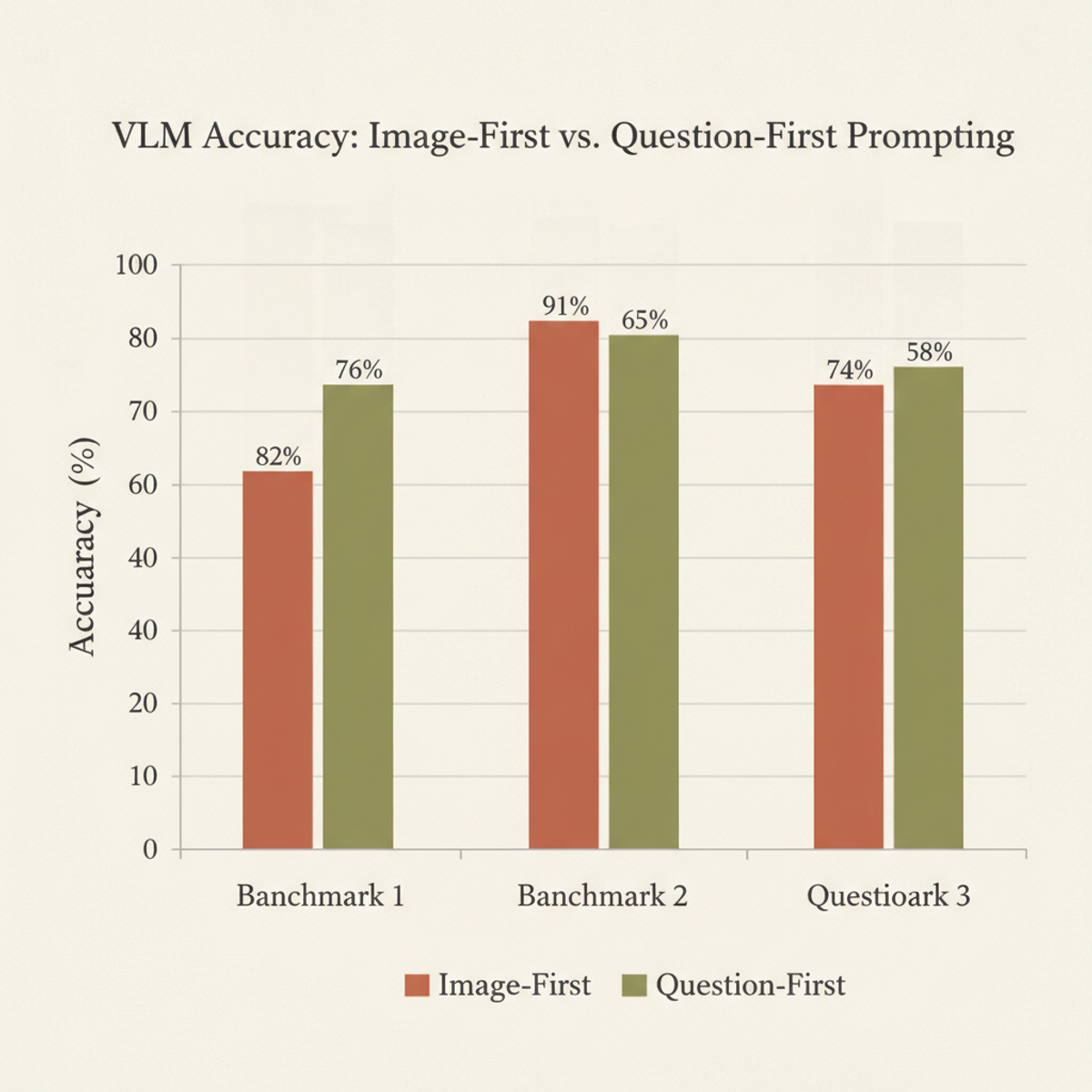 Accuracy gaps between image-first and question-first prompting across three benchmarks, with improvements ranging from 6 to 26 percentage points.