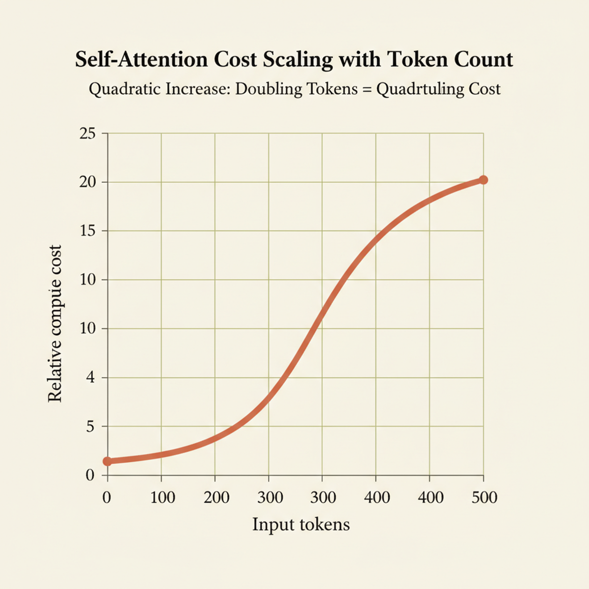 Self-attention compute cost scales quadratically with input token length: doubling tokens roughly quadruples cost.