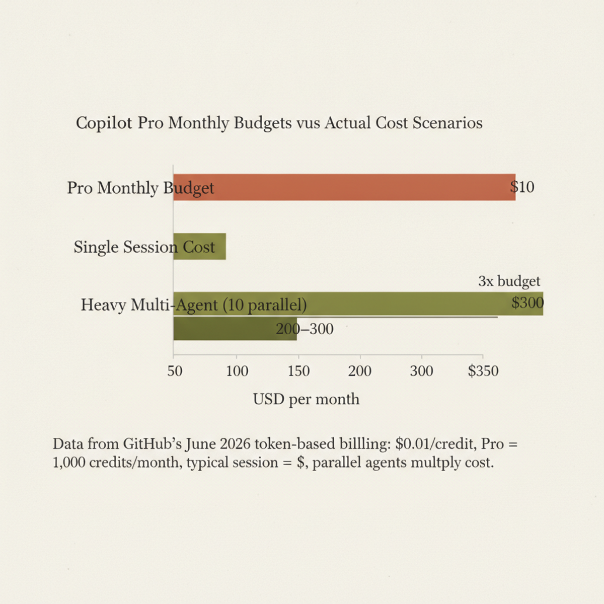 GitHub Copilot Pro: monthly budget vs. real-world agent session costs. Parallel agents can exhaust $10/month in a single task.