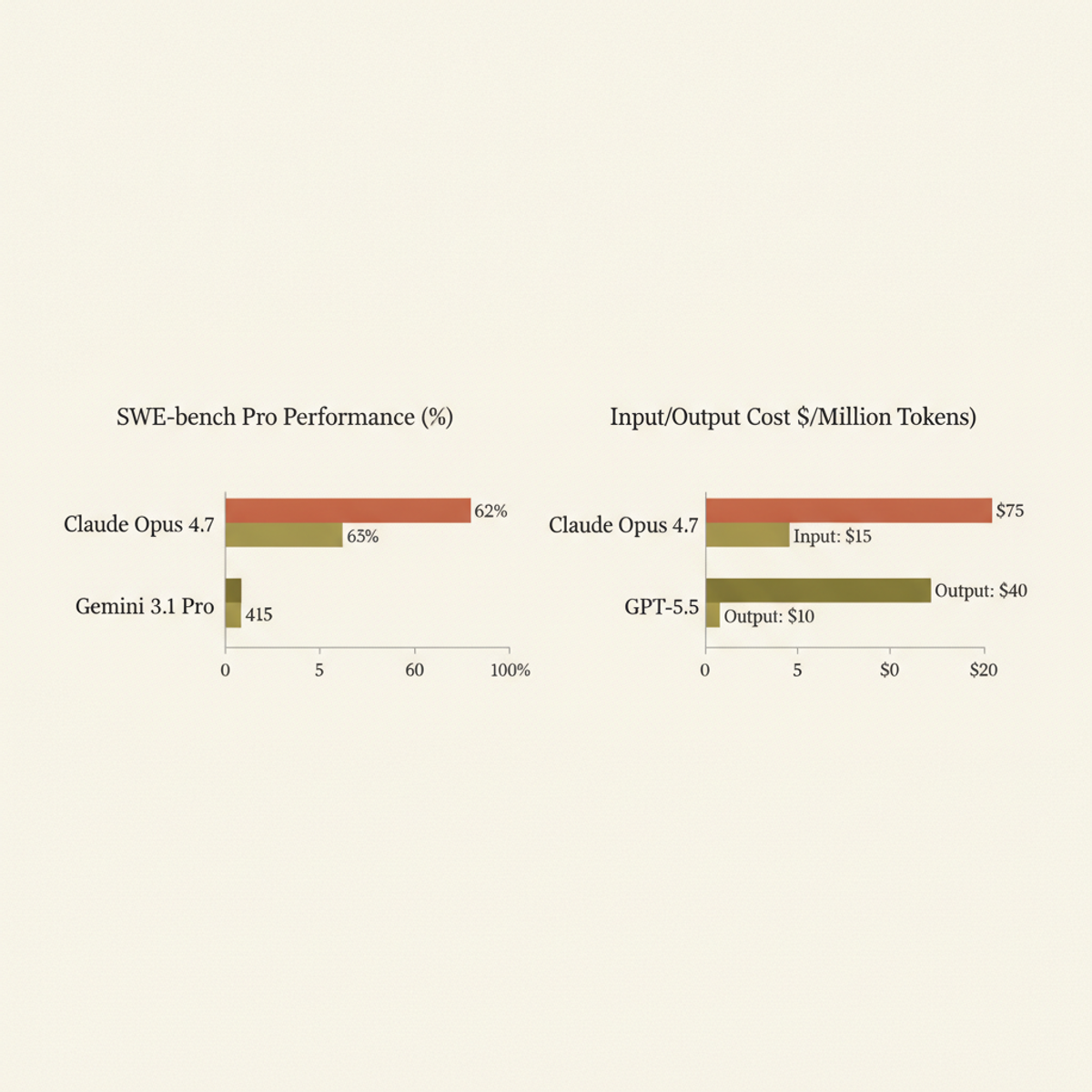 SWE-bench Pro performance and API pricing for Fable 5 substitutes: Claude Opus 4.7, GPT-5.5, and Gemini 3.1 Pro.