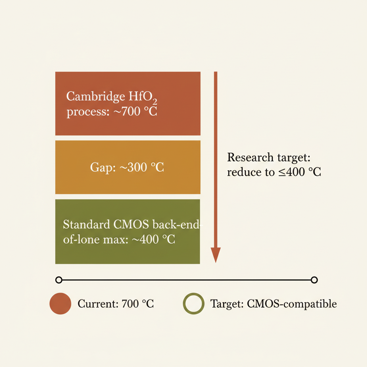 The ~700 °C fabrication temperature sits ~300 °C above standard CMOS back-end-of-line tolerances — the key engineering gap before the device can integrate into existing chip fabs.