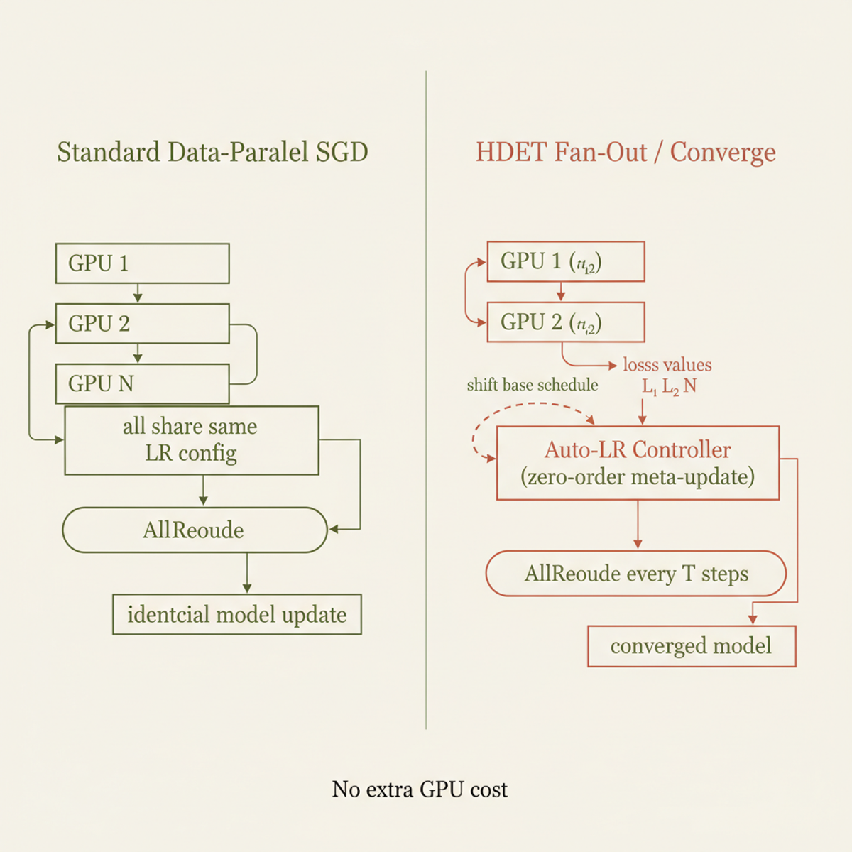 Standard data-parallel SGD wastes replica diversity (left); HDET fans out LR configs and uses inter-replica loss differences as zero-order hypergradients to steer the shared schedule (right).
