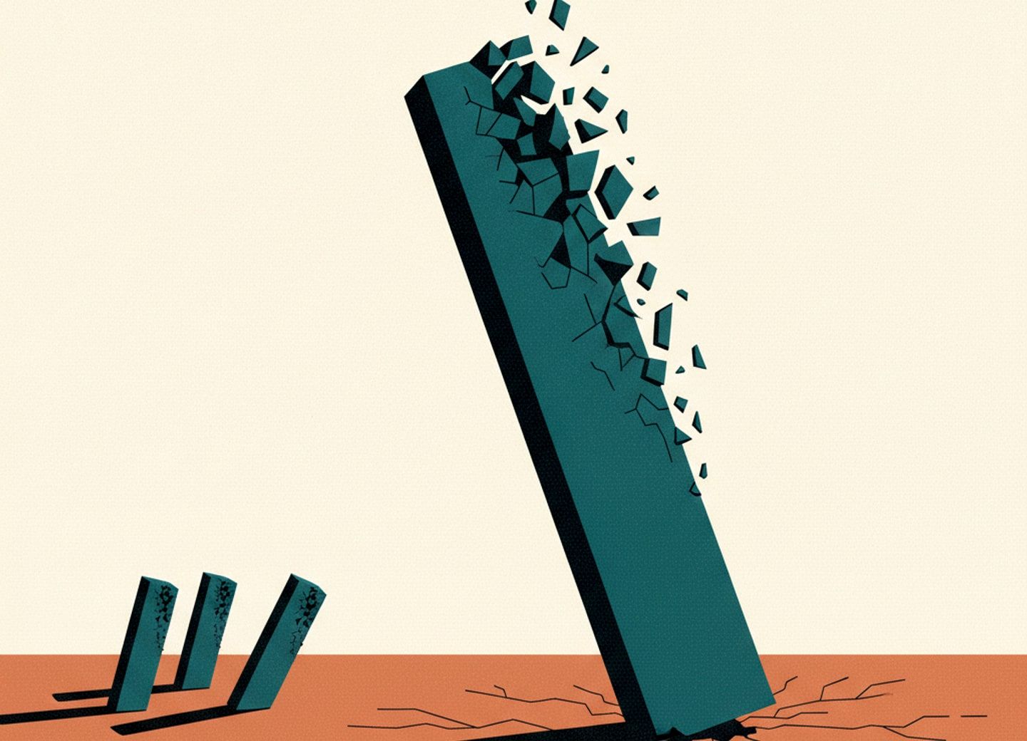A toppling tower sends cracks through a field of smaller ones