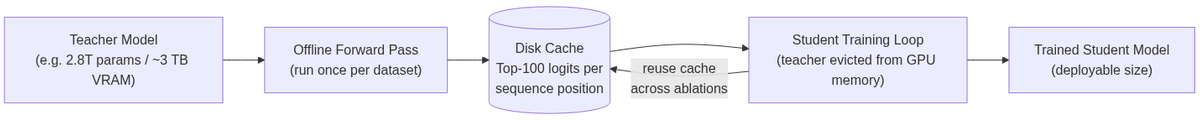 Offline distillation pipeline: the teacher runs once to populate a top-100 logit cache on disk; the student trains against that cache indefinitely, with no teacher in GPU memory.