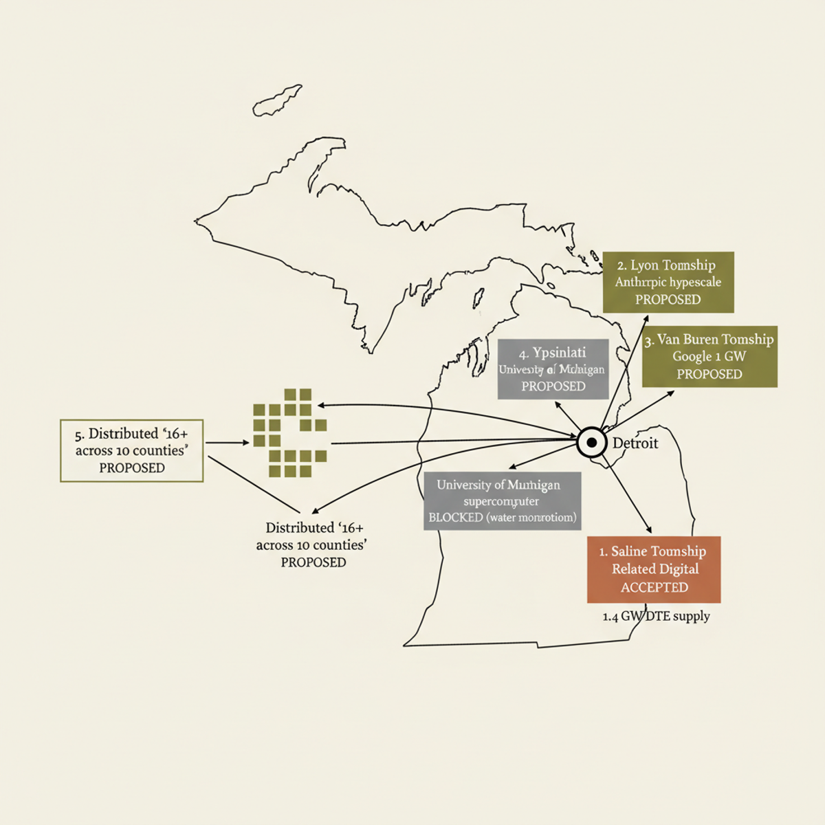 Michigan AI data center pipeline: 16+ proposed sites with major projects in Saline, Lyon Township, and Van Buren; Ypsilanti blocked.