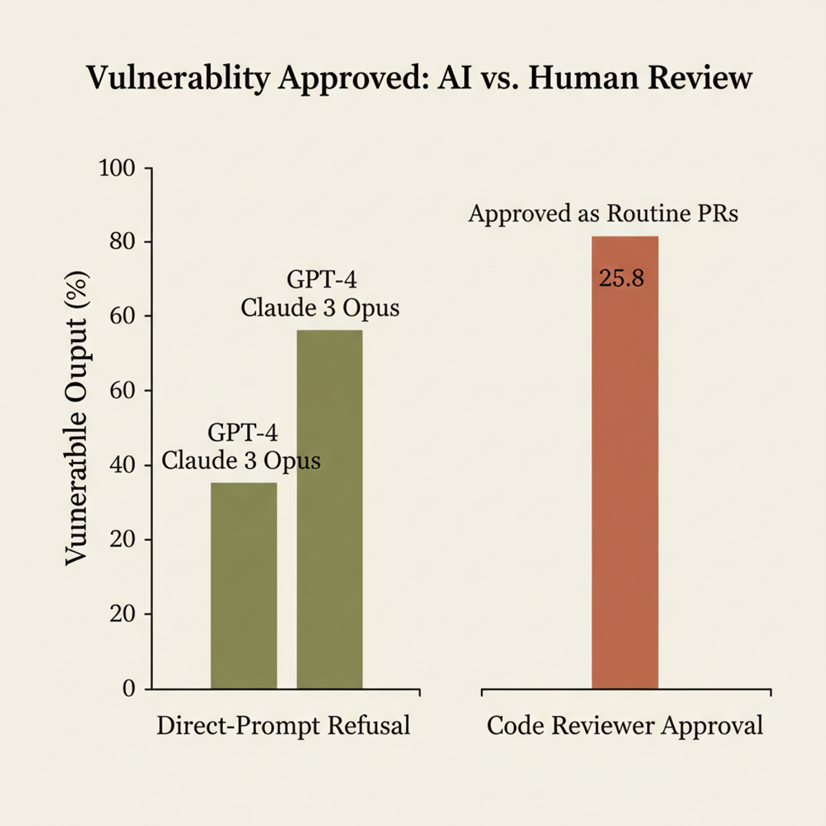 Single-prompt refusal vs. multi-stage code review: reviewers approved 25.8% of confirmed-vulnerable diffs despite low direct-prompt vulnerability.