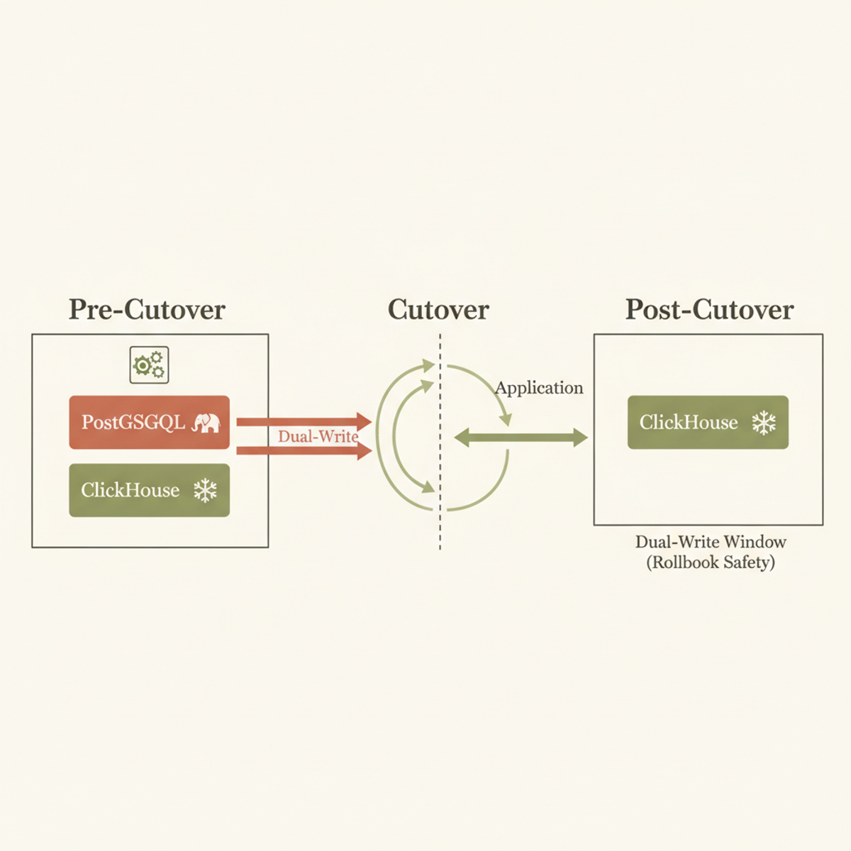 Dual-write shadow-query strategy: PostgreSQL and ClickHouse wrote simultaneously during pre-cutover; traffic gradually shifted post-cutover with dual-write safety window for rollback.
