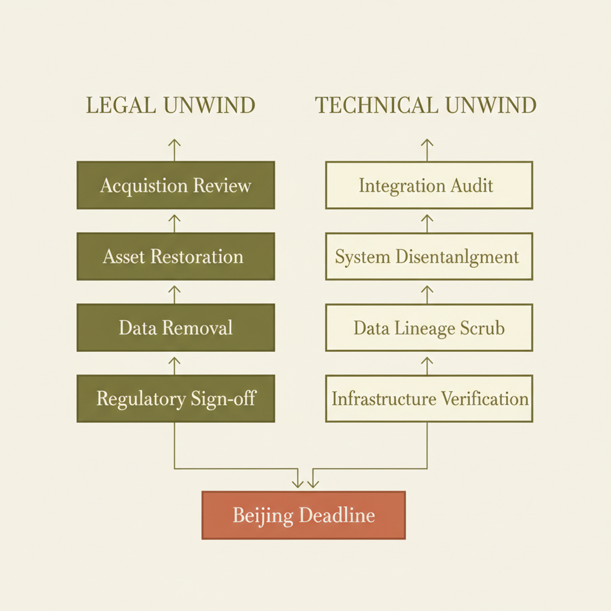 The Meta-Manus unwind runs two parallel tracks — legal divestiture and technical disentanglement — that must both complete before Beijing's deadline.