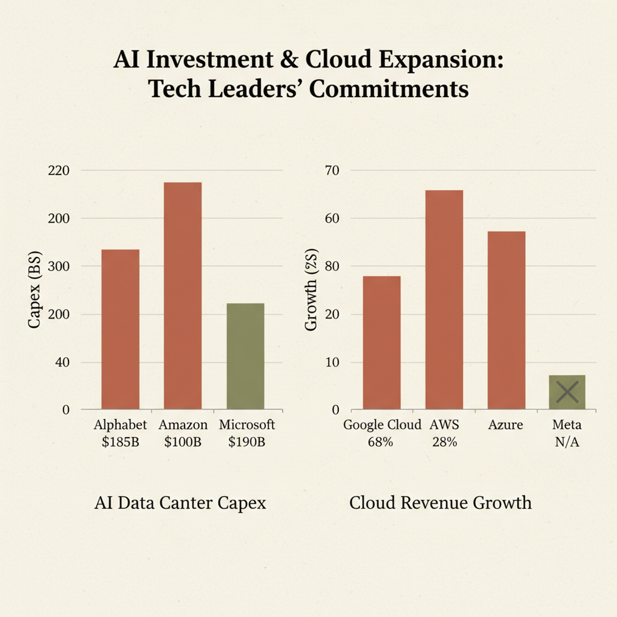 AI capex commitment vs. cloud revenue growth: leaders who invest see returns; Meta's spending lacks direct cloud monetization.