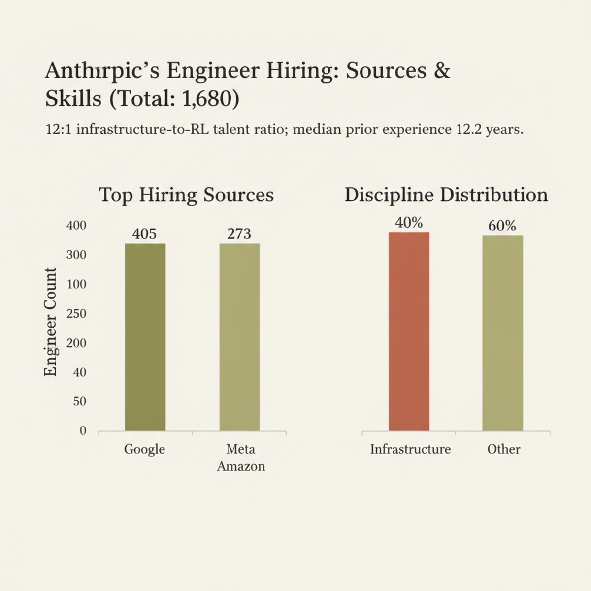 Anthropic's engineering workforce: 405 from Google, 273 from Meta, 197 from Amazon; 40% have infrastructure backgrounds, versus only 3.3% with RL expertise.