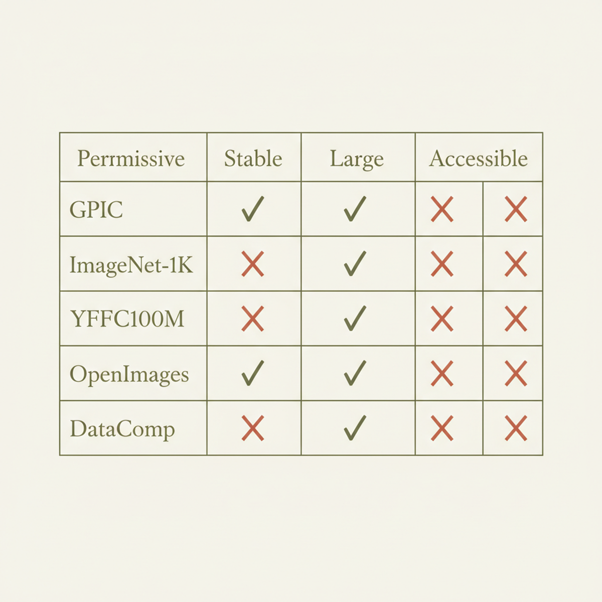 GPIC is the only corpus satisfying all four requirements; competitors fail at least one.