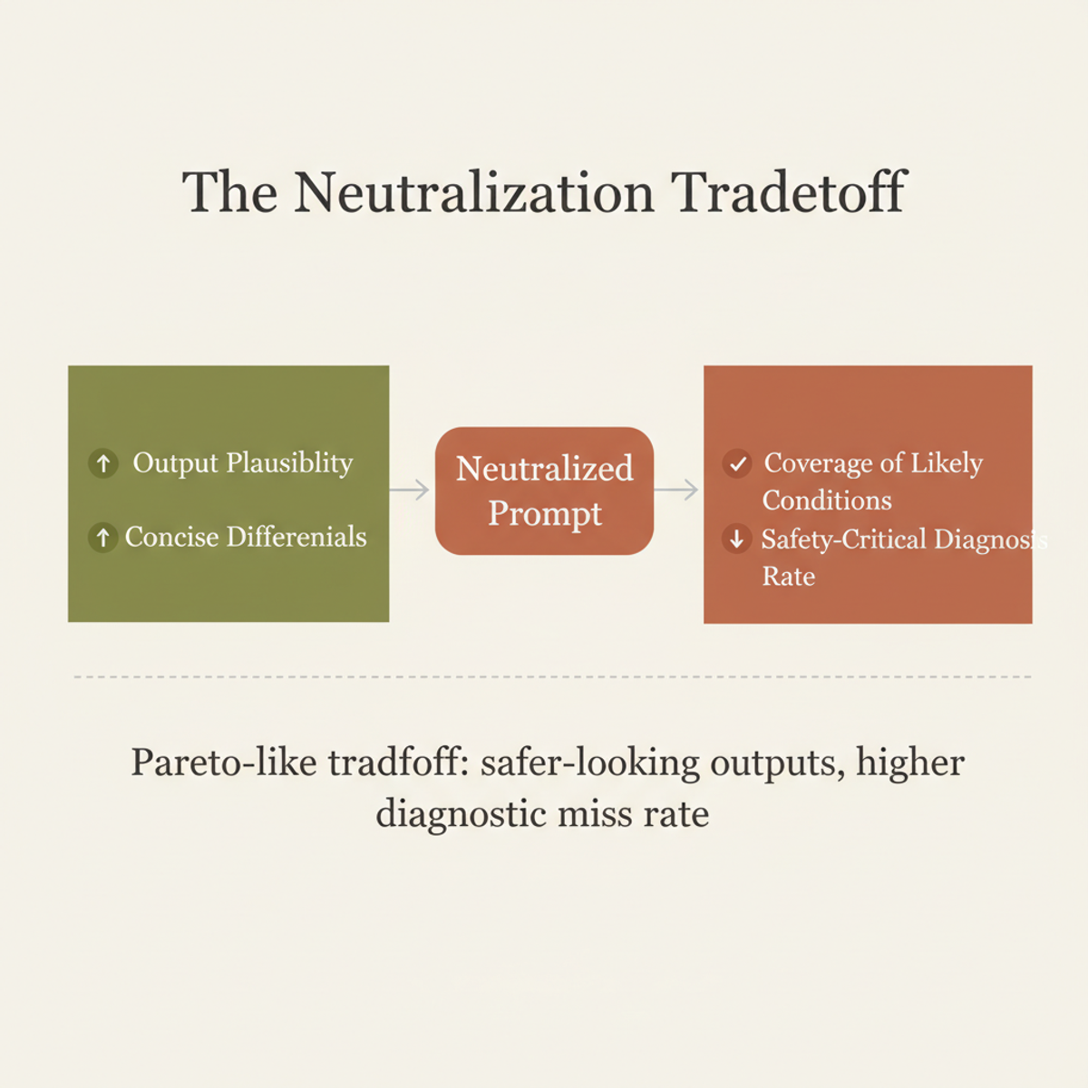Neutralizing a query prompt makes LLM outputs look safer and more concise — but simultaneously reduces coverage of the most critical diagnoses.