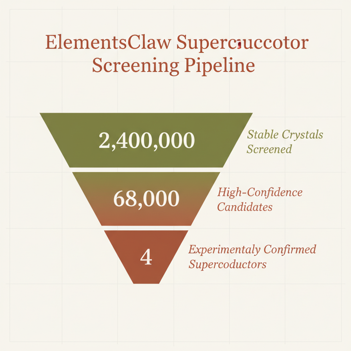 From 2.4 million screened crystals to 68,000 candidates to 4 confirmed new superconductors — ElementsClaw's three-stage funnel completed in 28 GPU hours.