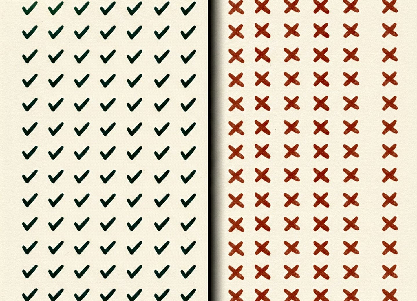 Green checkmarks on the left transform to red failures on the right across a dividing line
