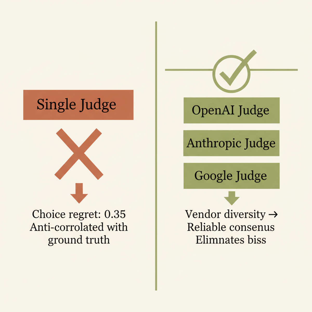 Single judges exhibit high choice regret; vendor-diverse panels achieve reliable consensus by eliminating vendor-specific bias.