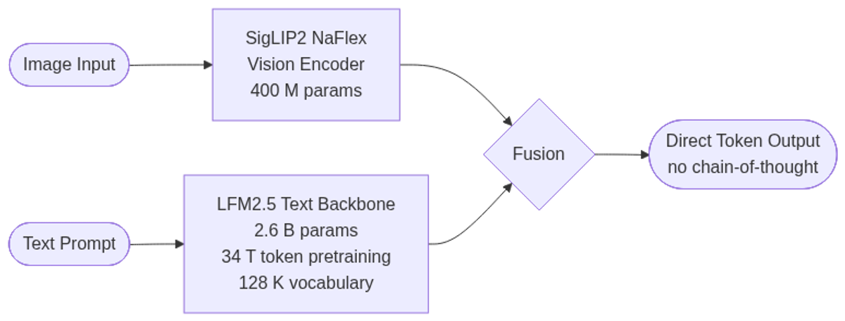 LFM2.5-VL-3B architecture: SigLIP2 NaFlex vision encoder feeds into the LFM2.5 text backbone; the model outputs tokens directly, skipping chain-of-thought.