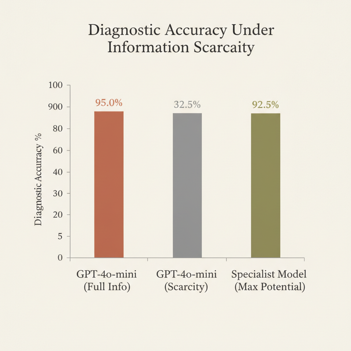 Diagnostic accuracy plummets from 95% to 32.5% when information is sparse—a signal that fluent-seeming outputs mask hidden retrieval failures.