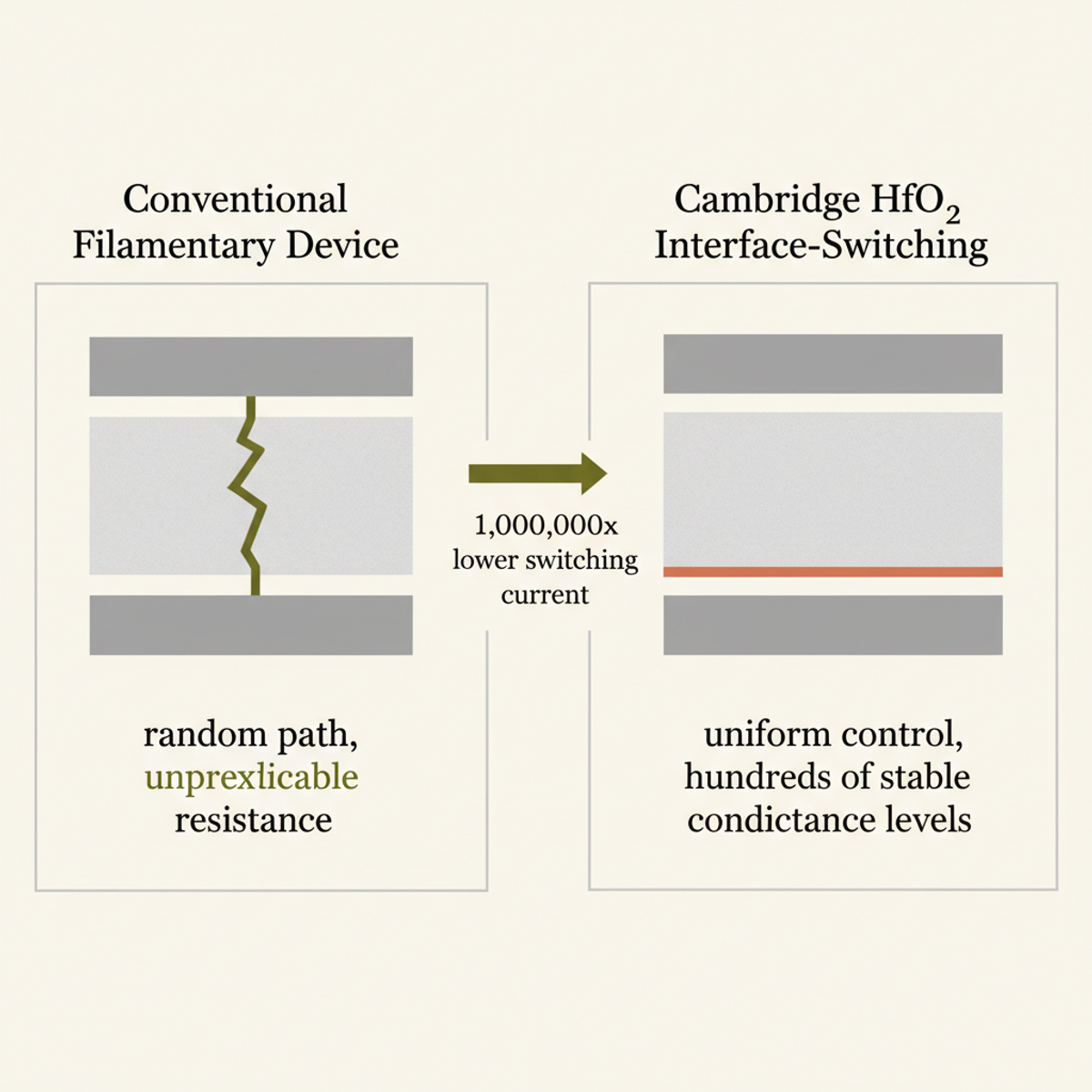 Interface-switching (right) vs. conventional filamentary memristor (left): Cambridge's design controls resistance at the electrode–oxide interface rather than relying on random filament growth.