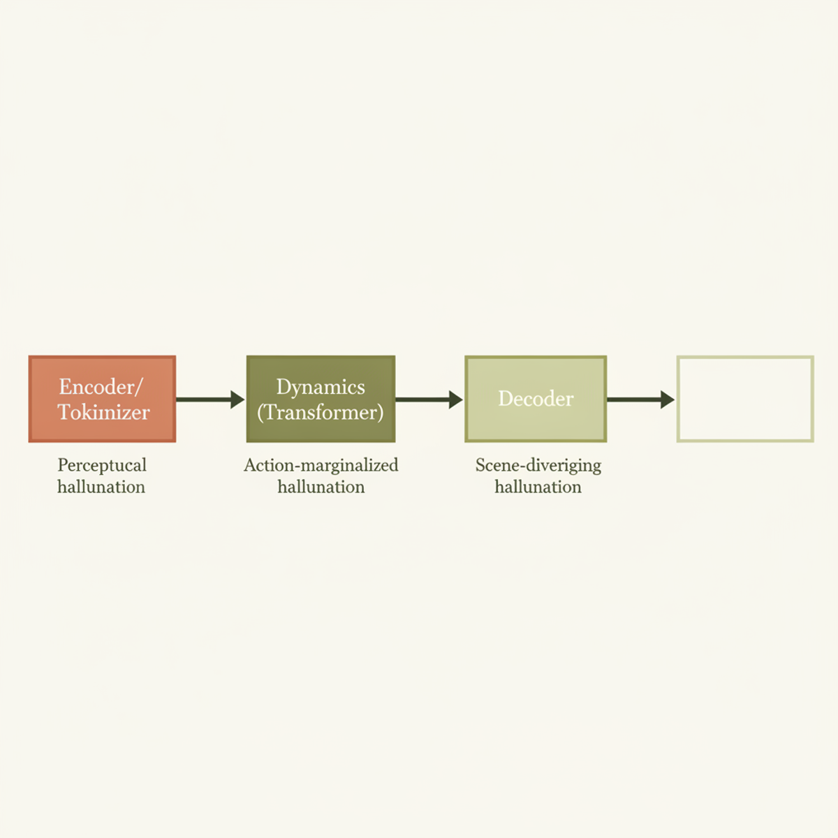The three hallucination modes in world models originate at distinct pipeline stages: perceptual distortions in encoding, action diversity gaps in dynamics, and scene drift in decoding.