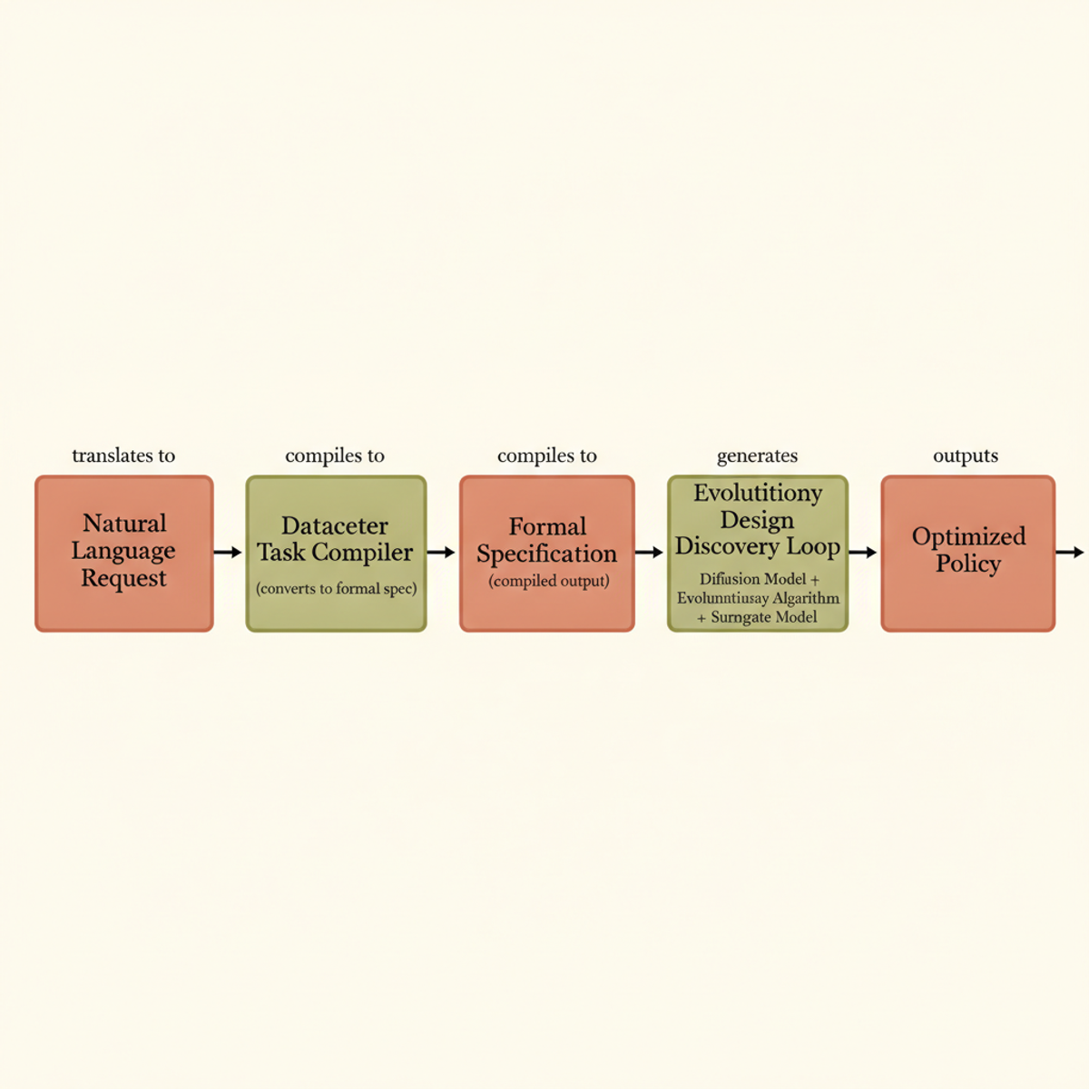AtumAI pipeline: natural-language datacenter policy is compiled into a formal specification, then evolved via diffusion, evolutionary search, and a surrogate model.