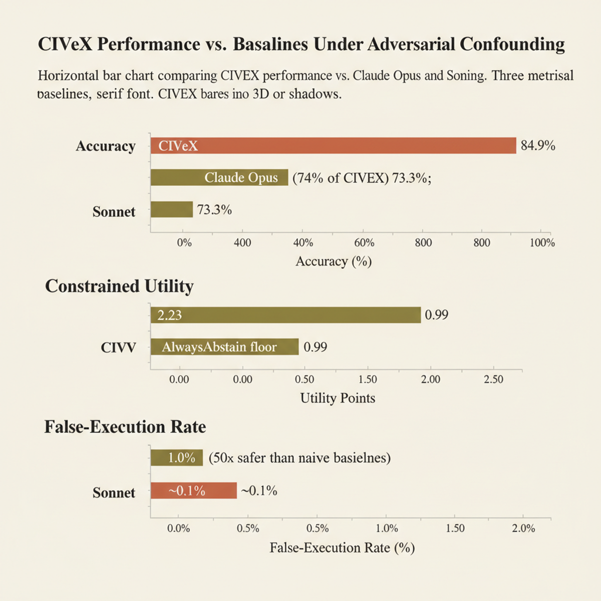 CIVeX reaches 84.9% accuracy and 2.23 constrained utility under adversarial confounding, outperforming chain-of-thought baselines by 11.6pp and exceeding AlwaysAbstain by 1.24 utility points.
