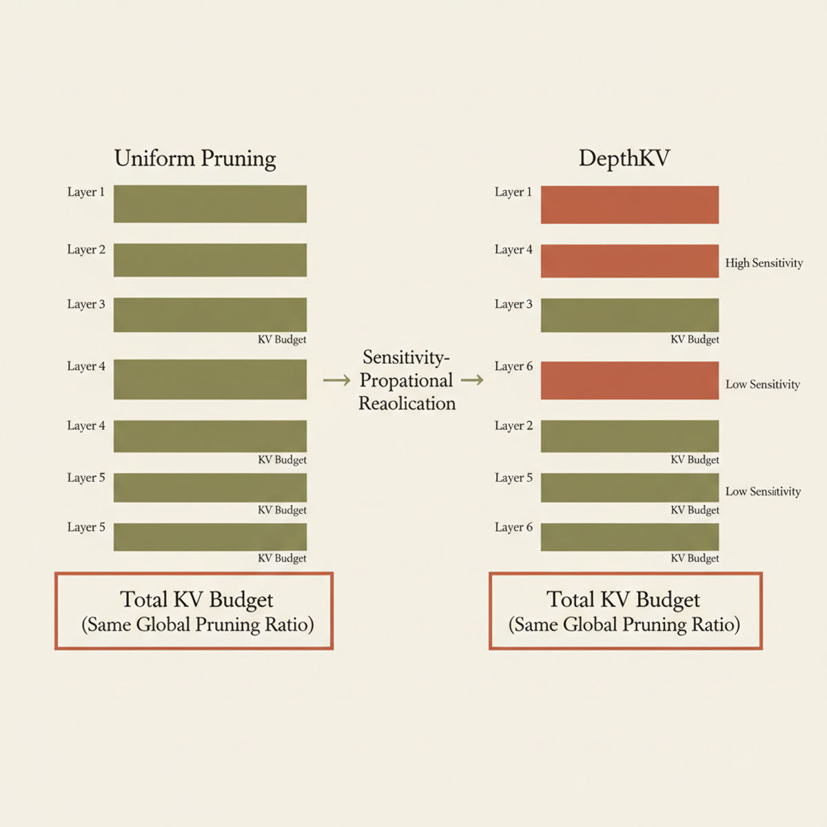 Uniform pruning assigns equal KV budget to every layer; DepthKV reallocates the same total budget proportionally, protecting high-sensitivity layers and trimming low-sensitivity ones.