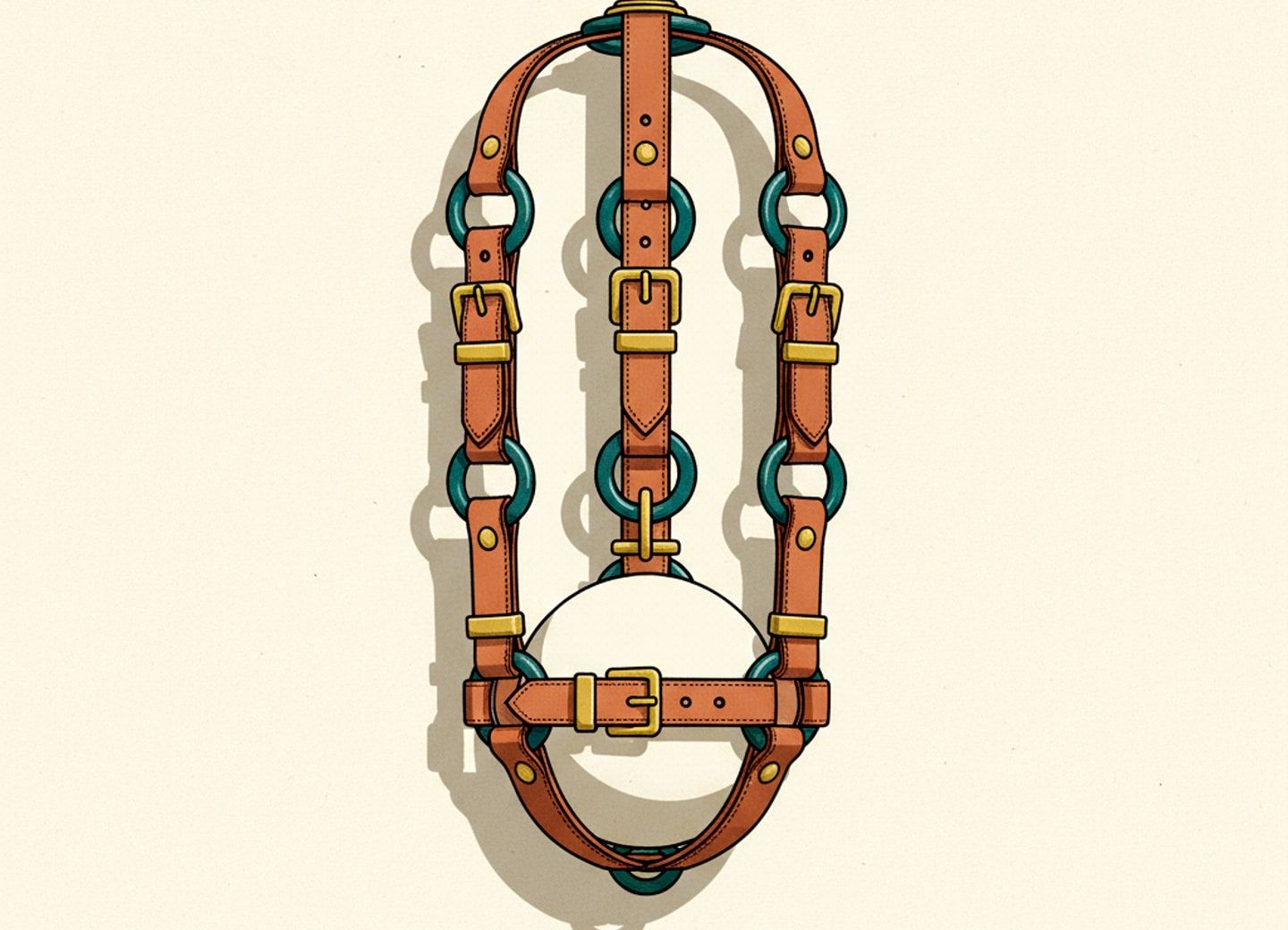 A harness of interlocking straps and buckles suspends a neutral sphere at its center