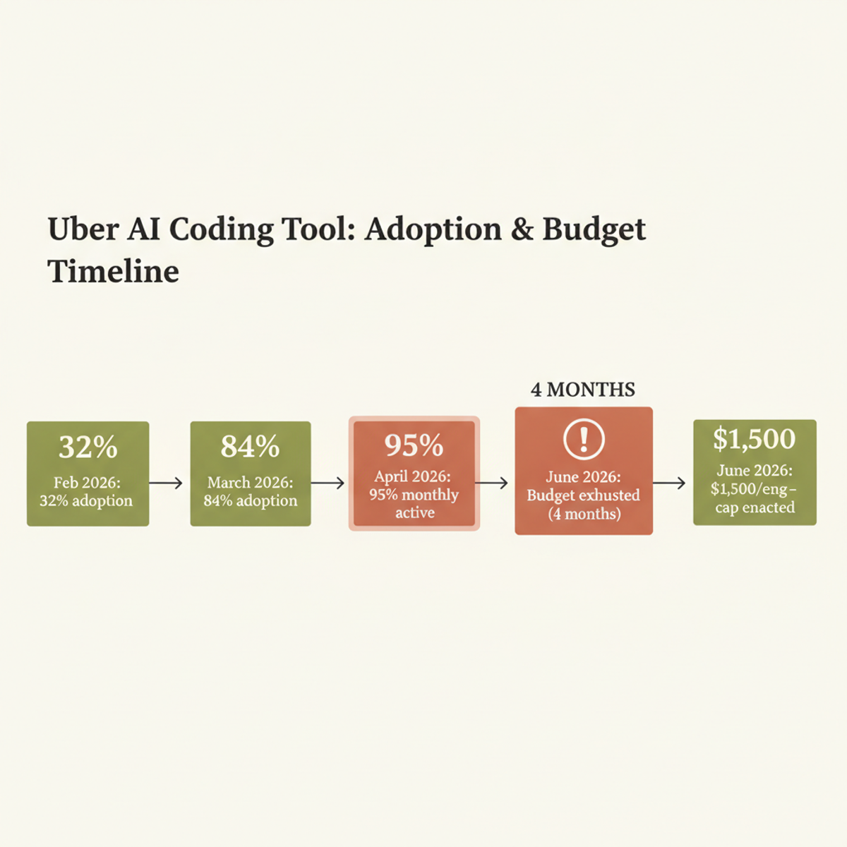 Uber's AI coding adoption accelerated from 32% to 95% in 4 months, exhausting the full-year budget by June.