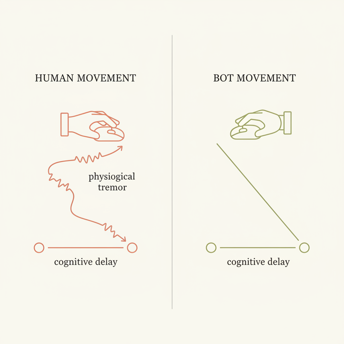 Behavioral fingerprint: human movements exhibit wrist-pivot arcs, physiological tremor, and cognitive delay; bots follow linear Bézier curves with superhuman precision.